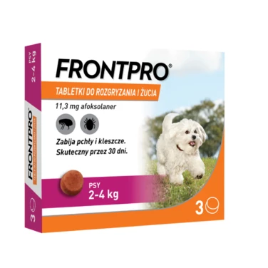 FRONTPRO 11,3 mg - smaczne tabletka na pchły i kleszcze dla psów o wadze 2-4 kg, na trzy miesiące stosowania