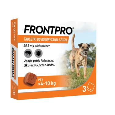 FRONTPRO 28,3 mg - smaczne tabletka na pchły i kleszcze dla psów o wadze 4-10 kg, na trzy miesiące stosowania