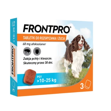 FRONTPRO 68 mg - smaczne tabletka na pchły i kleszcze dla psów o wadze 10-25 kg, na trzy miesiące stosowania
