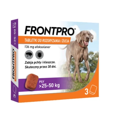 FRONTPRO 136 mg - smaczne tabletka na pchły i kleszcze dla psów o wadze 25-50 kg, na trzy miesiące stosowania